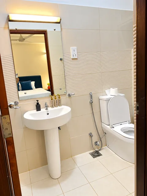 Bathroom vanity, mirror and toilet