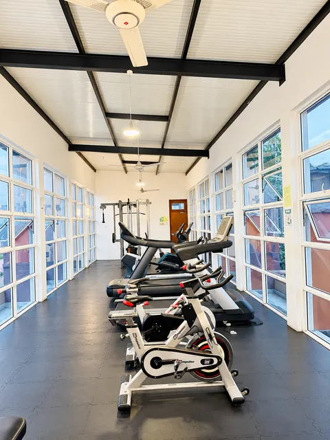 Shared gym with exercise equipment and large windows