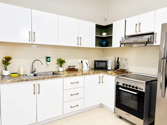 Equipped kitchen with oven, cooker, microwave and white cabinets