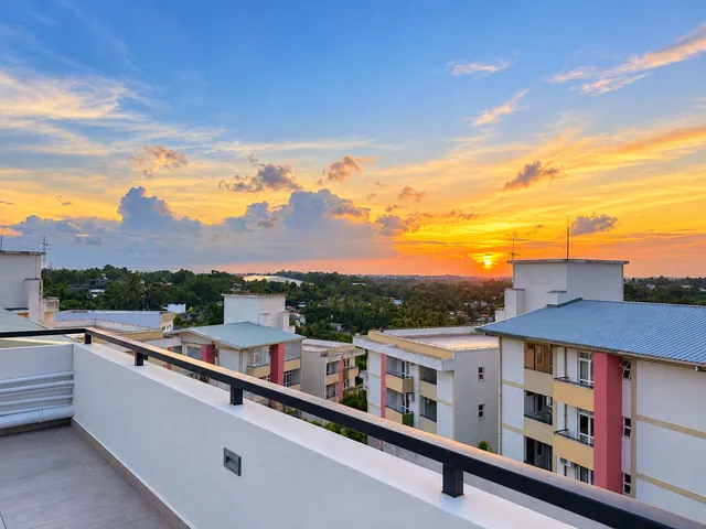 Sunset view over surrounding buildings from the rooftop